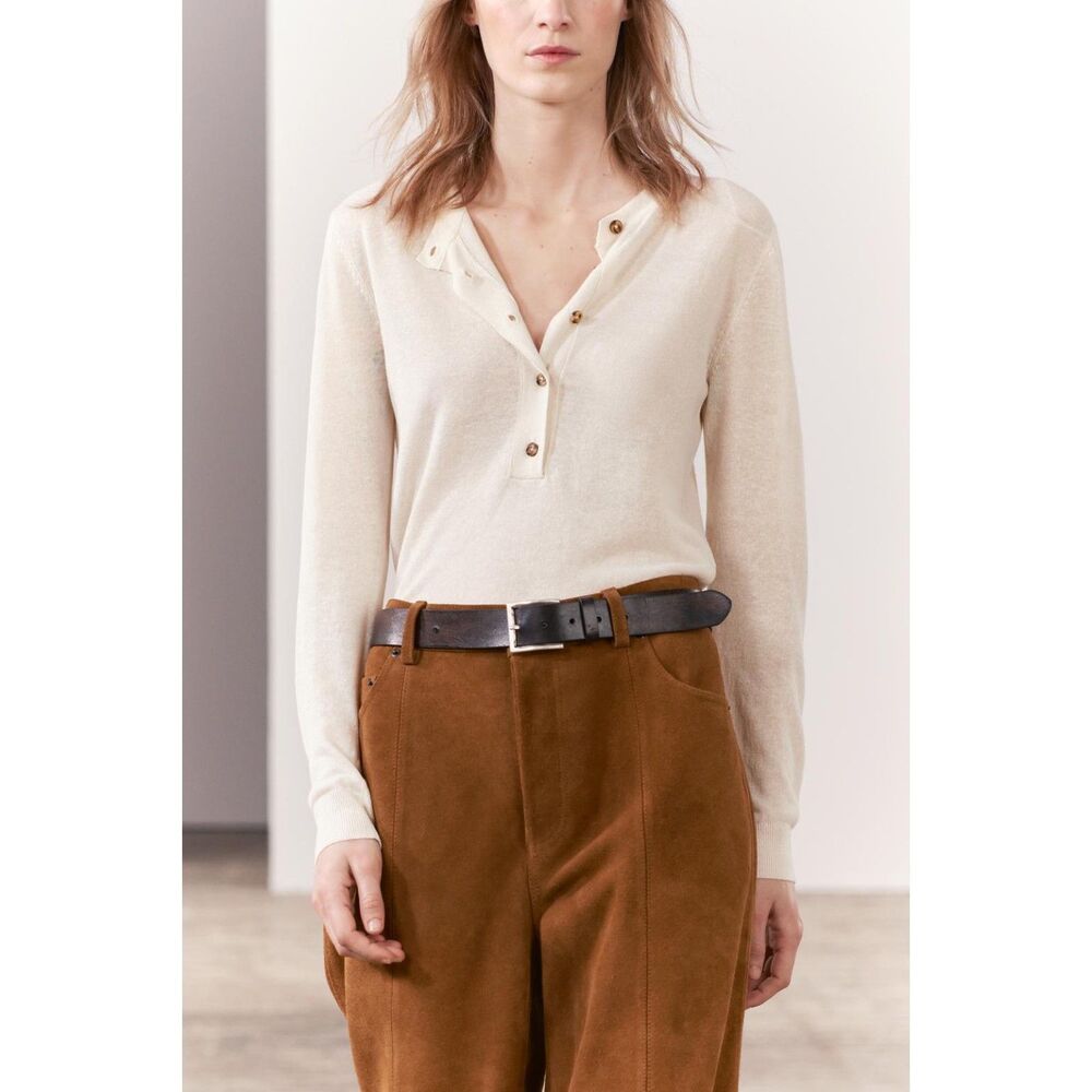 Cream Zara Half Button Down Crew Neck Long Sleeve Pullover Knit Sweater (NWT)